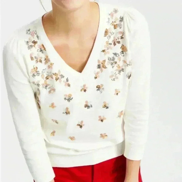 CHARTER CLUB Women's Petite Small White Gold sequined Embellished Sweater - Picture 2 of 9